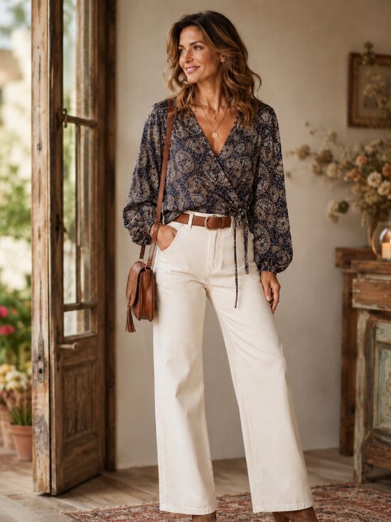 Vici Tops - VICI Med Navy Brown Paisley Wrap Blouse Boho Chic Romantic Balloon Sleeve Top